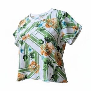 Maeve Anthropologie Floral Cotton Raw Hem Cropped Tee Size Medium
